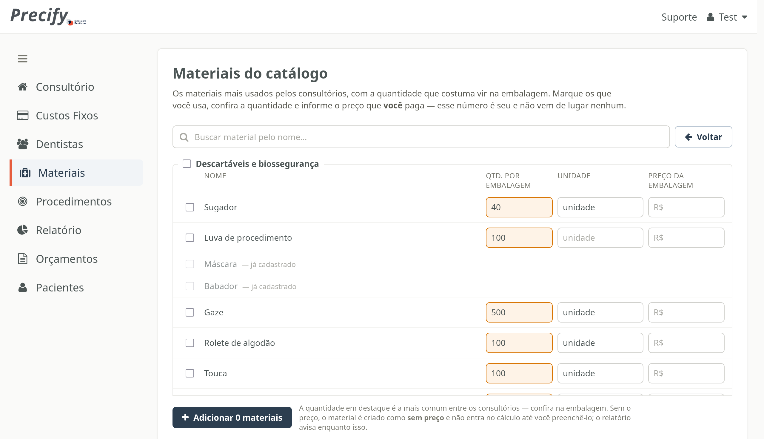 Catálogo de materiais do Precify, com a quantidade por embalagem sugerida
