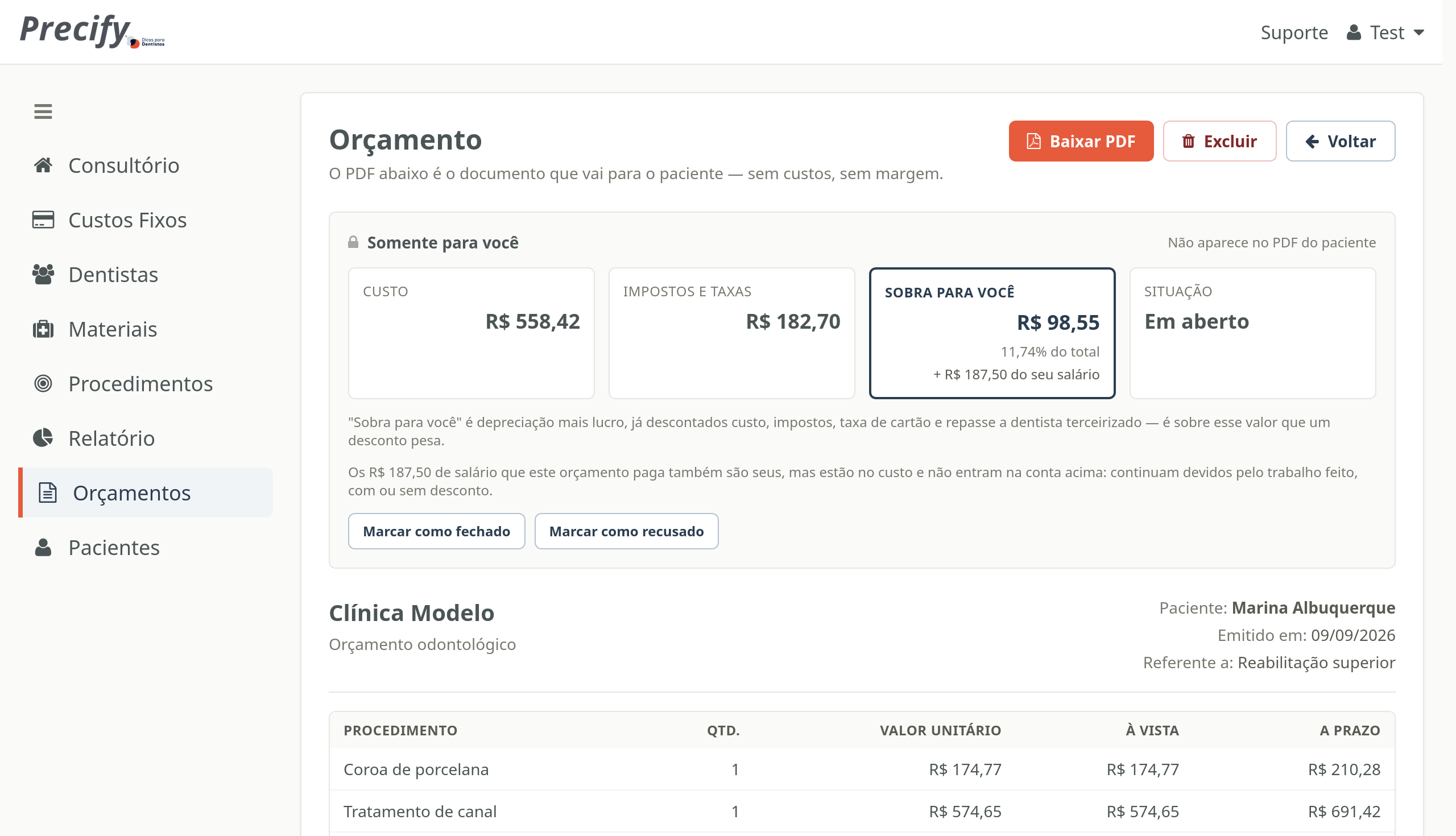 Tela de um orçamento: custo, impostos e sobra para o consultório acima do documento do paciente